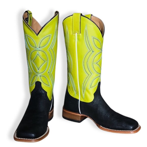 Justin Women Cowboy Boots Size 8 Lime Green Mid-Calf Western Square Toe Cowgirl